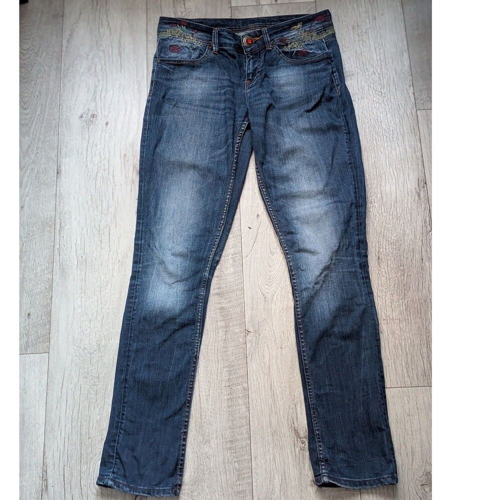 Desigual Embroidered Jeans Low Rise Slim Skinny Fit Blue Denim W32 M-L